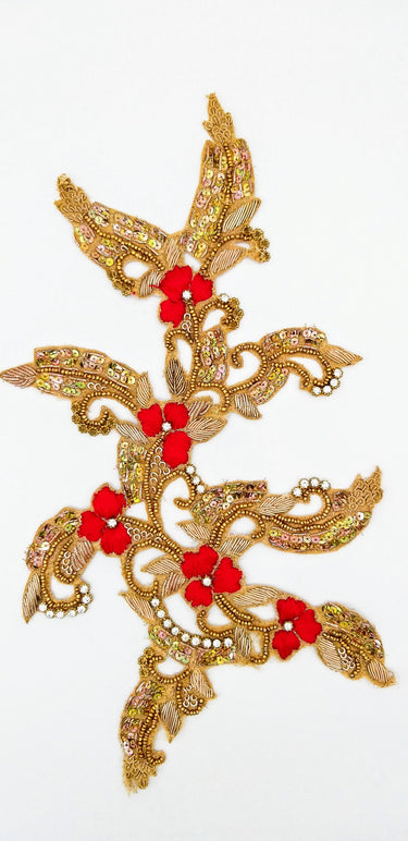 Hand Embroidered Zardozi Floral Applique in Red and Antique Gold, Wedding Dress Applique,Sari Blouse Applique